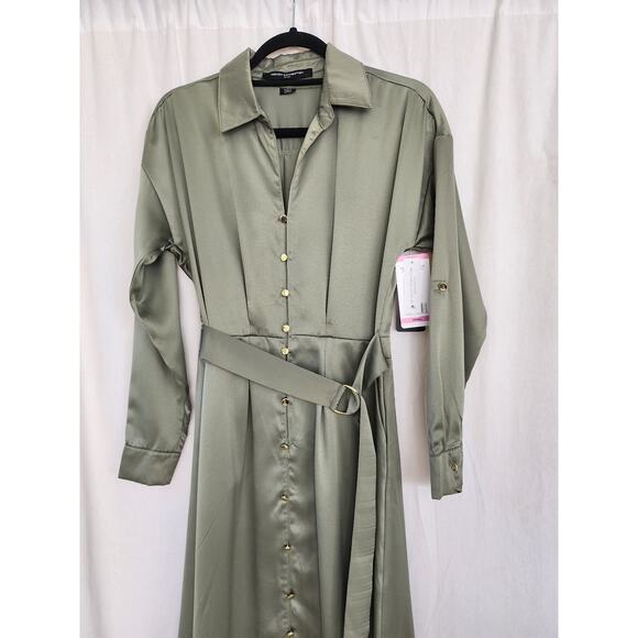 French Connection NWT shirt dress olive green button front belted preppy career - Picture 3 of 12